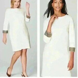 J Jill x Christian Siriano Ponte Knit Beaded Dress Women Small Ivory Sheath Knee
